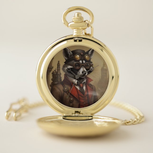 Steampunk Raccoon Artistic Portrait Pocket Watch (Inside)