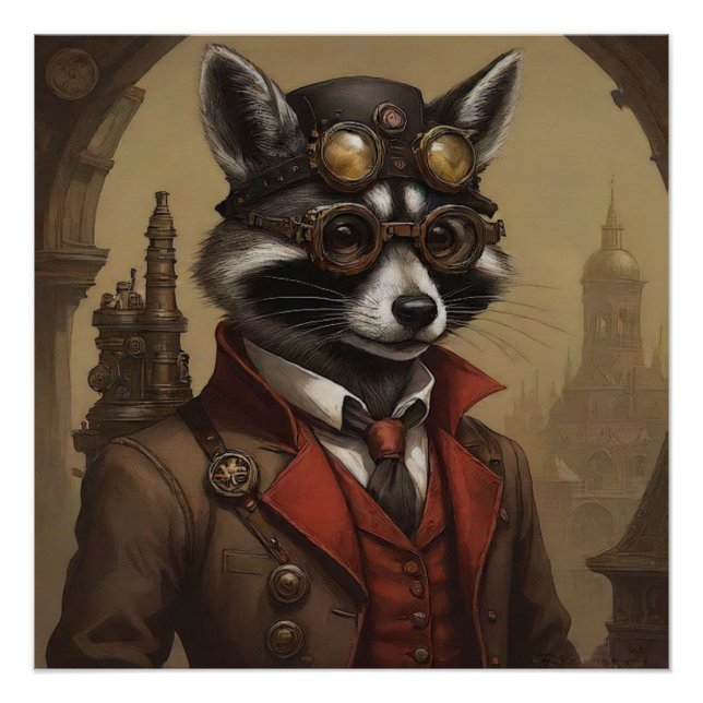 Steampunk Raccoon Artistic Portrait Poster (Front)