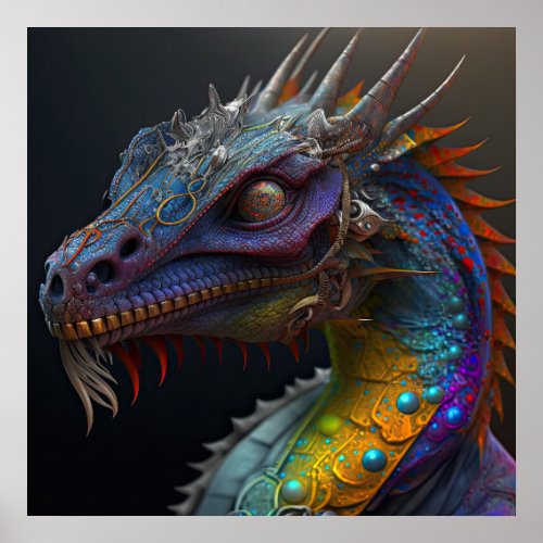 Steampunk rainbow dragon portrait AI art Poster