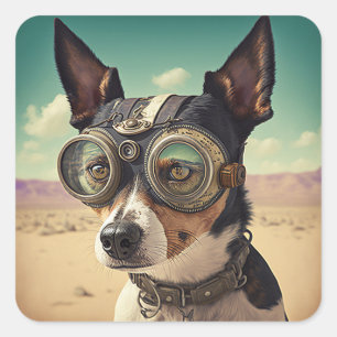 Steampunk Rat Terrier Dog in Desert Square Sticker