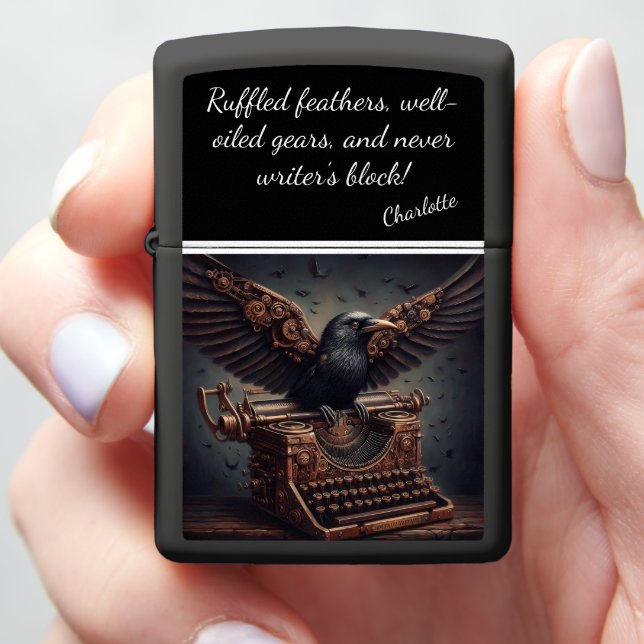 Steampunk Raven Tapping Secrets On Typewriter Zippo Lighter (In Hand)