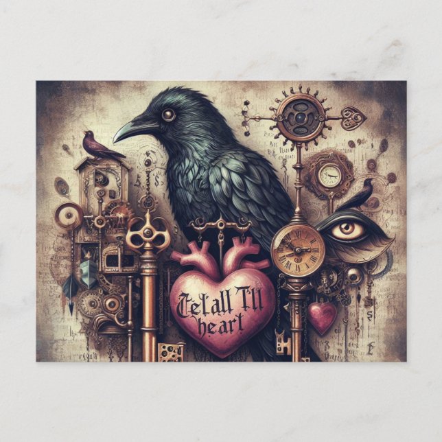 Steampunk Raven Tell Heart Collage Postcard (Front)