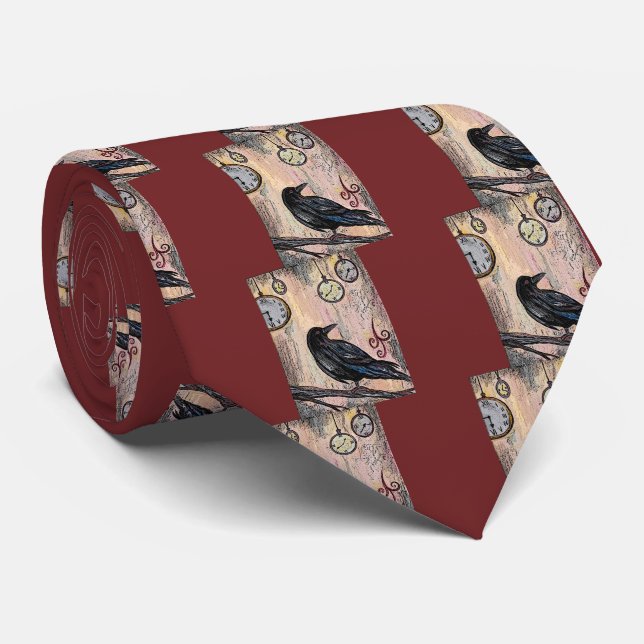 Steampunk Raven with Clocks Neck Tie (Rolled)