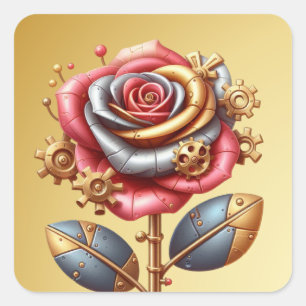 Steampunk Red and Gold Rose Square Sticker