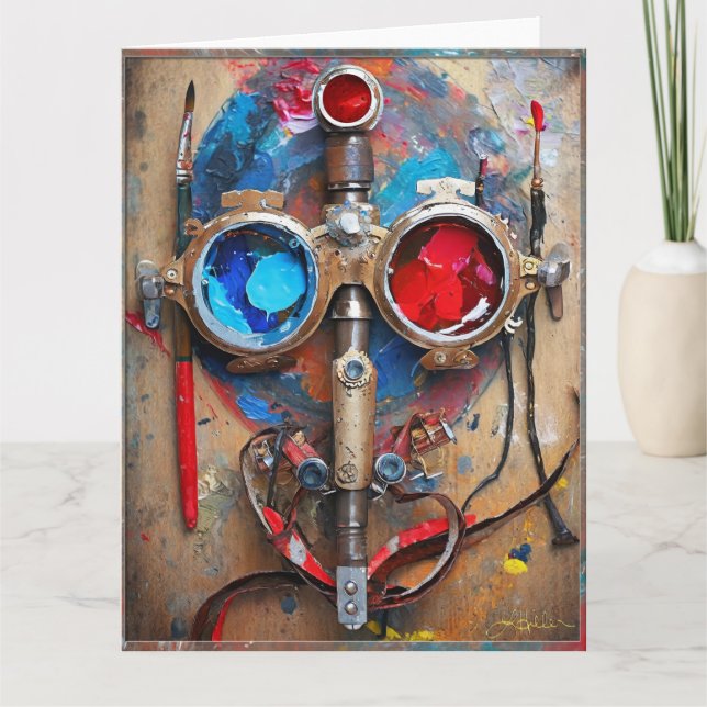 Steampunk Red Blue Goggles Graffiti Card (Front)