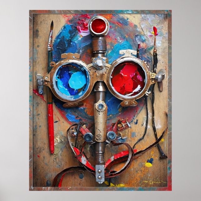 Steampunk Red Blue Goggles Graffiti Poster (Front)