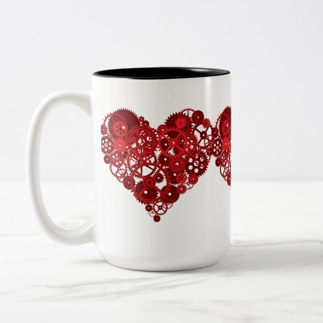 Steampunk Red Gears Heart Two-Tone Coffee Mug (Left)