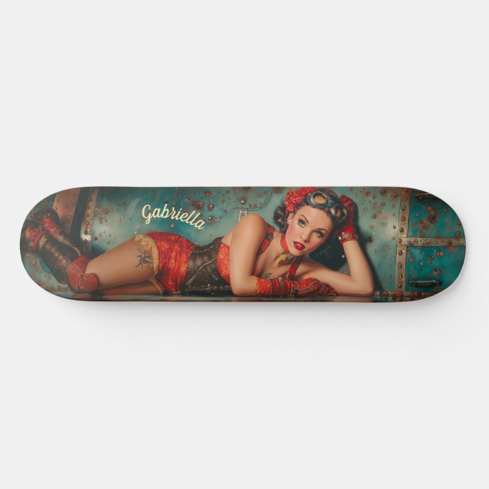 Steampunk retro-futuristic pinup girl painting skateboard
