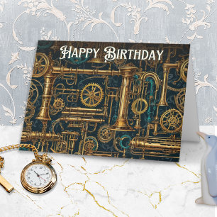 Steampunk Retro Metal Cogs Gears Happy Birthday Card