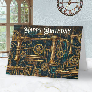 Steampunk Retro Metal Cogs Gears Happy Birthday Card