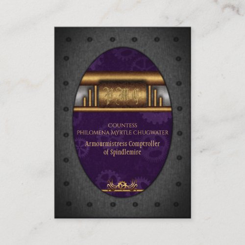 Steampunk riveted frame, brass and royal purple business card