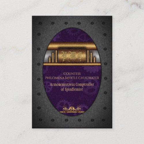 Steampunk riveted frame brass and royal purple business card