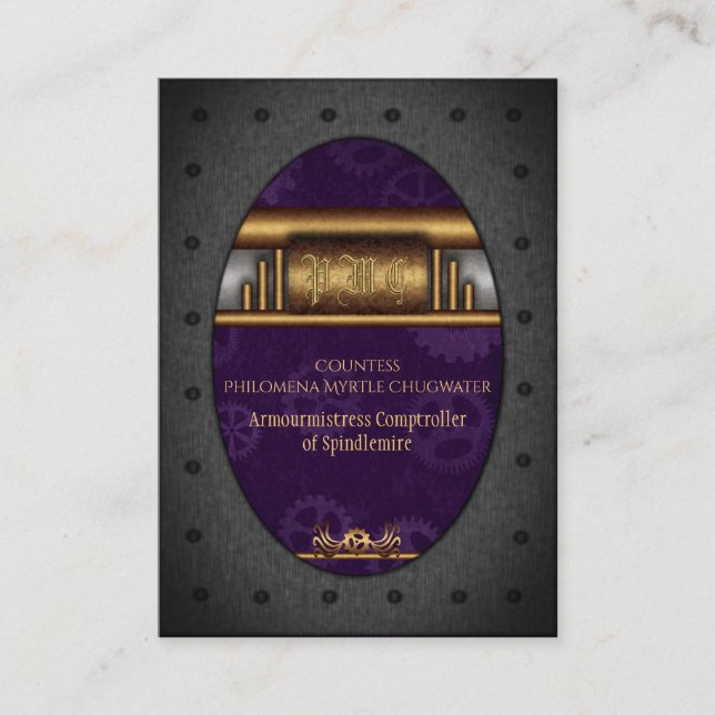 Steampunk riveted frame, brass and royal purple business card (Front)