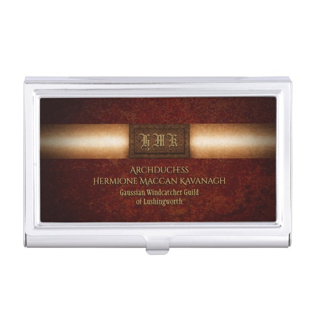 Steampunk riveted grunge brass monogram plate business card case (Front)