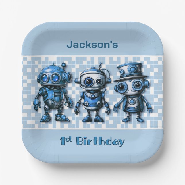 Steampunk Robot Theme 1st Birthday Party Plates (Front)