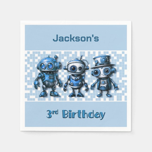 Steampunk Robot Theme 3rd Birthday Party Napkins (Front)