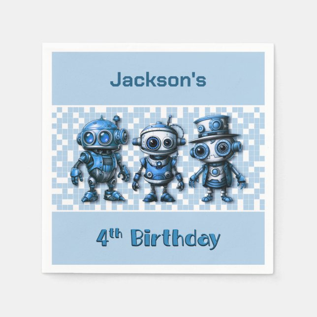 Steampunk Robot Theme 4th Birthday Party Napkins (Front)