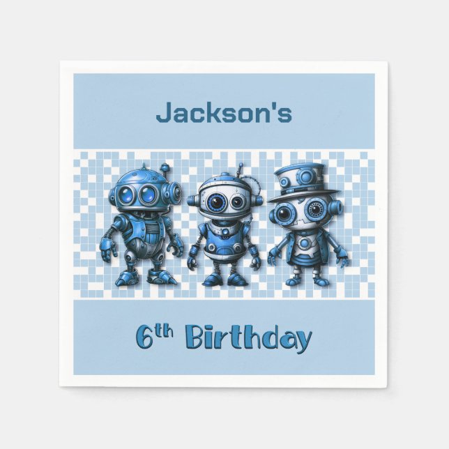 Steampunk Robot Theme 6th Birthday Party Napkins (Front)