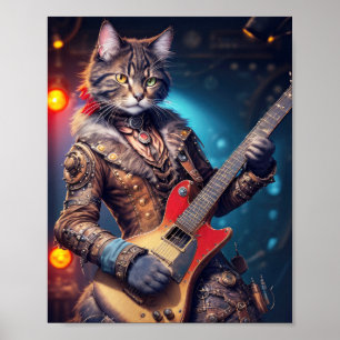 Steampunk rock cat playing guitar on a stage - poster