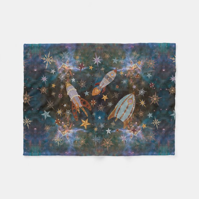 Steampunk Rockets in Emerald Nebula Fleece Blanket (Front (Horizontal))