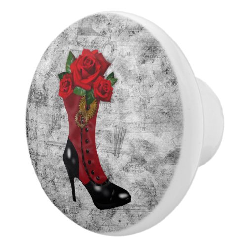 Steampunk Romantic Boot WRed Roses Ceramic Knob