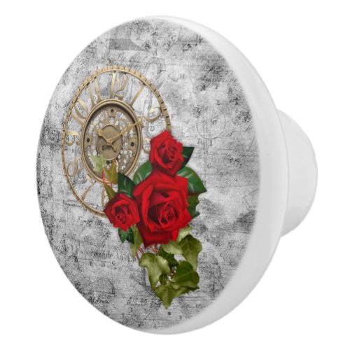 Steampunk Romantic Clock WRed Roses Ceramic Knob