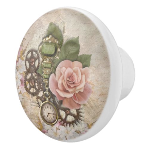 Steampunk Romantic GearPink Roses Ceramic Knob