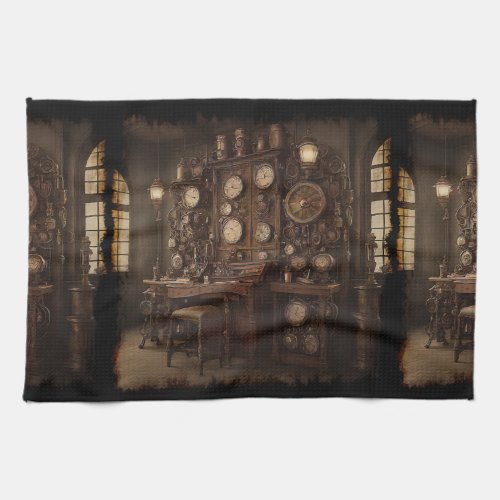 Steampunk Room with Old Clocks Kitchen Towel