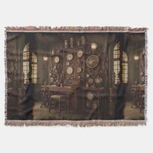 Steampunk Room with Old Clocks Throw Blanket