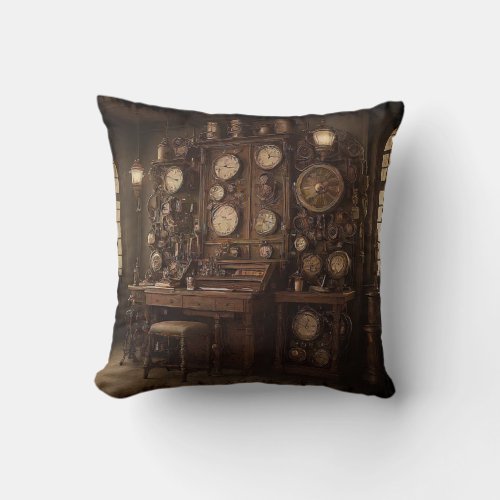 Steampunk Room with Old Clocks Throw Pillow