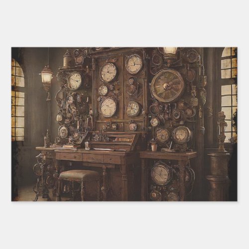 Steampunk Room with Old Clocks Wrapping Paper Sheets