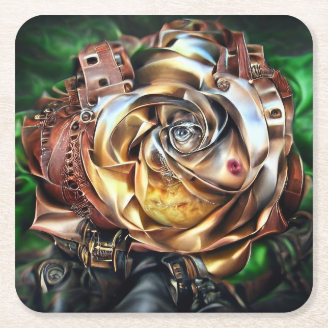 Steampunk Rose with Surreal Face – Mechanical Flor Square Paper Coaster (Front)