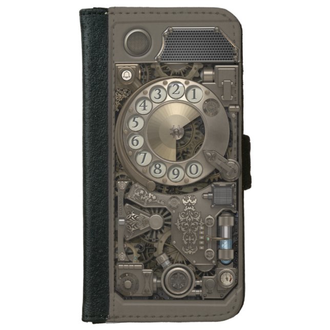 Steampunk Rotary Metal Dial Phone. iPhone Wallet Case (Front)