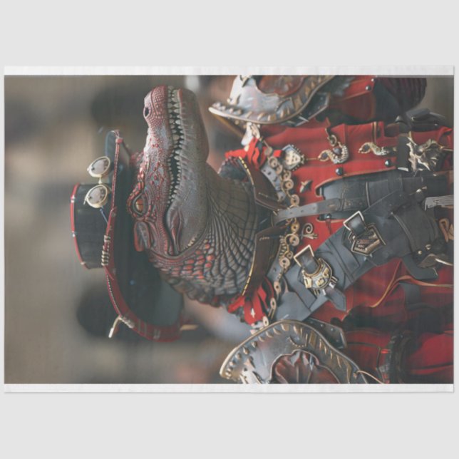 Steampunk Royal Red Black Alligator Decouapge Tissue Paper (Front)