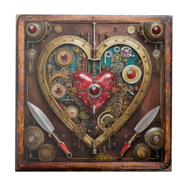 Steampunk Rubies And Daggers Warrior Valentine Ceramic Tile (Front)