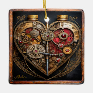 Steampunk Rubies And Gears Dark Heart  Ceramic Ornament