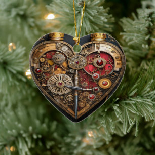 Steampunk Rubies And Gears Dark Heart  Ceramic Ornament