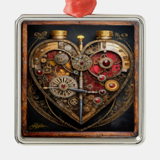 Steampunk Rubies And Gears Dark Heart Metal Ornament