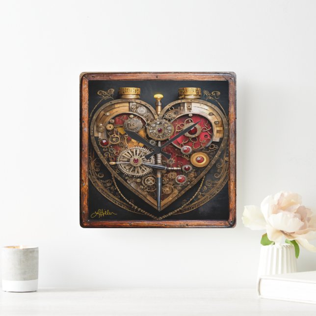 Steampunk Rubies And Gears Dark Heart  Square Wall Clock (Home)