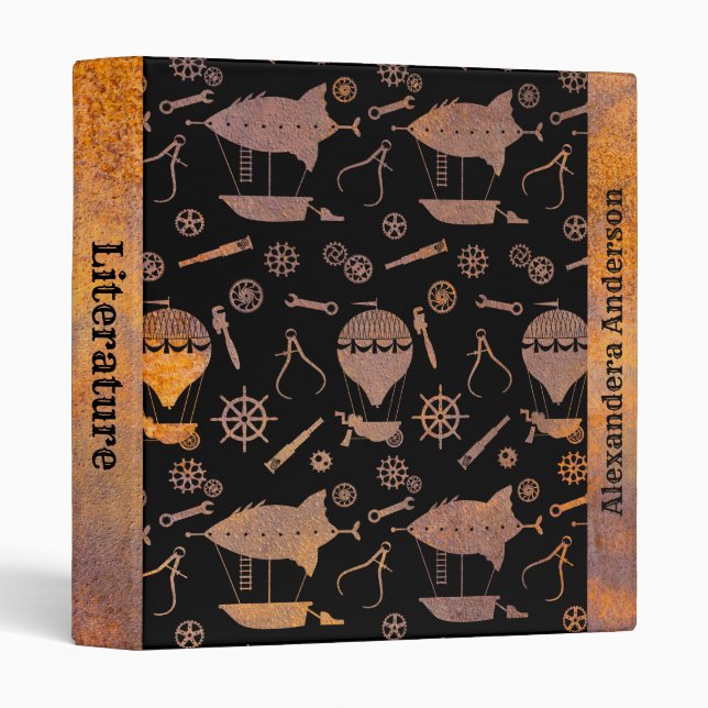 Steampunk Rusty Airships Theme Custom Name 3 Ring Binder (Front/Spine)