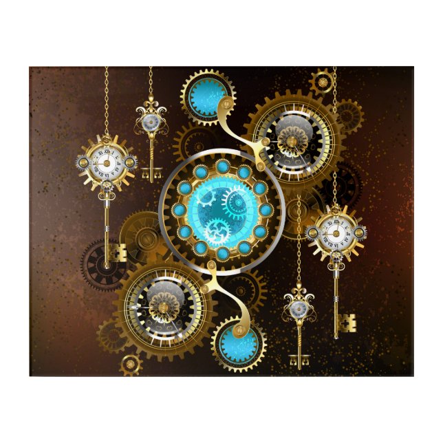 Steampunk Rusty Background with Turquoise Lenses Acrylic Print (Front)