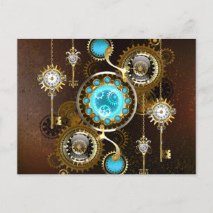 Steampunk Rusty Background with Turquoise Lenses Announcement Postcard
