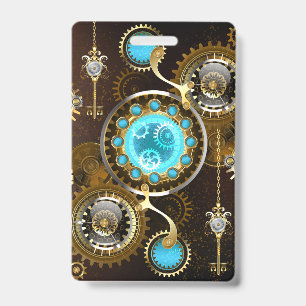 Steampunk Rusty Background with Turquoise Lenses Badge
