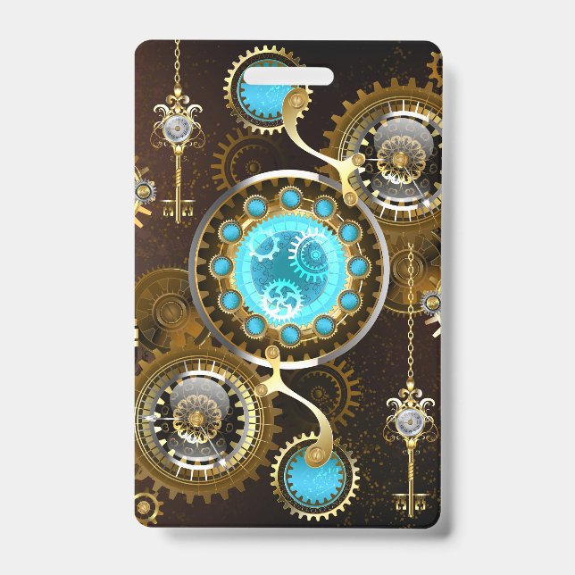 Steampunk Rusty Background with Turquoise Lenses Badge (Front)