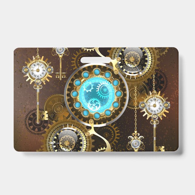 Steampunk Rusty Background with Turquoise Lenses Badge (Front)