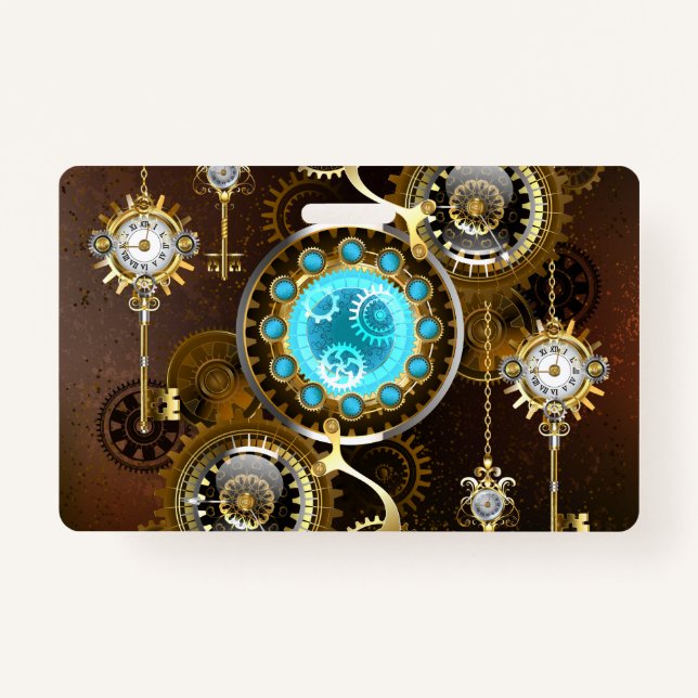 Steampunk Rusty Background with Turquoise Lenses Badge (Front)
