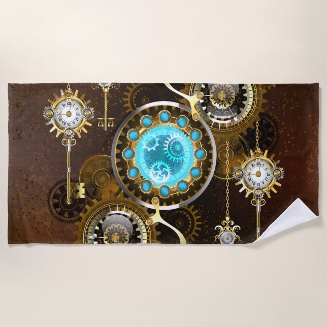 Steampunk Rusty Background with Turquoise Lenses Beach Towel (Front)