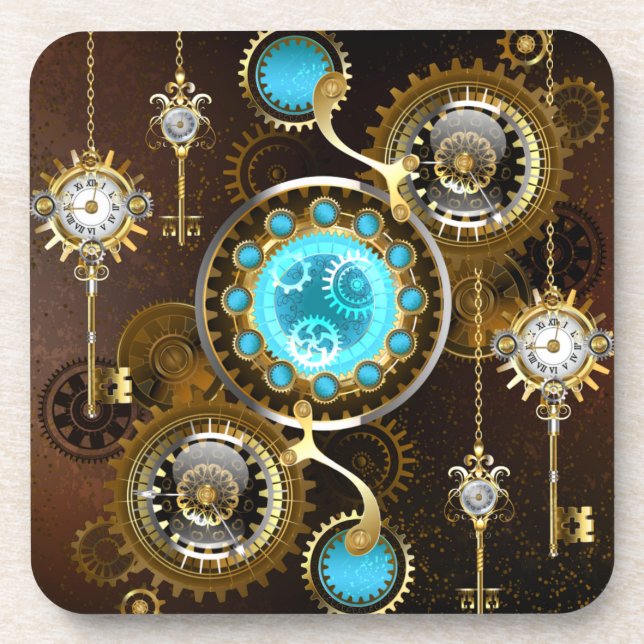 Steampunk Rusty Background with Turquoise Lenses Beverage Coaster (Front)