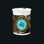 Steampunk Rusty Background with Turquoise Lenses Beverage Pitcher<br><div class="desc">Turquoise lenses with an antique watch with brass gears and golden keys on rusty,  brown background. Steampunk style.</div>