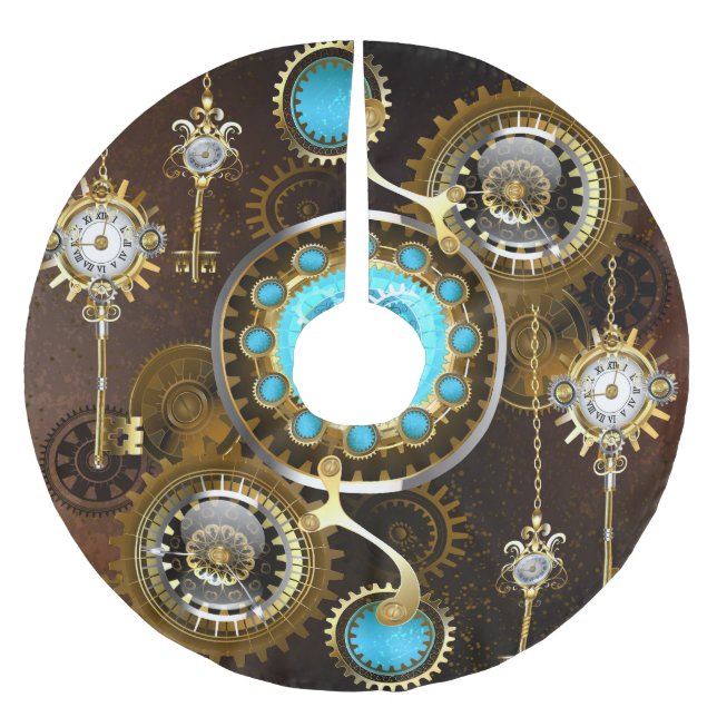 Steampunk Rusty Background with Turquoise Lenses Brushed Polyester Tree Skirt (Front)